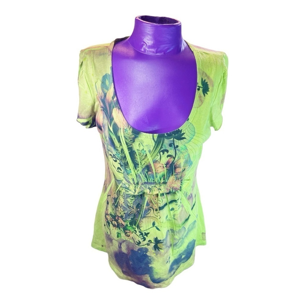 B.L.E.U. Green lightweight scoop neck short sleeve abstract floral shirt S